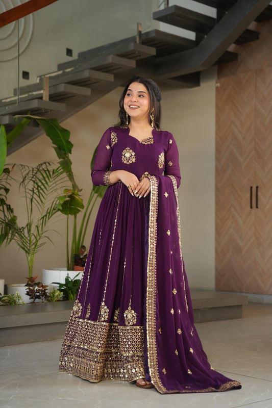 Designer Festive & Wedding Wear Faux Blooming Embroidery, Zari & Sequine Work Gown With Dupatta