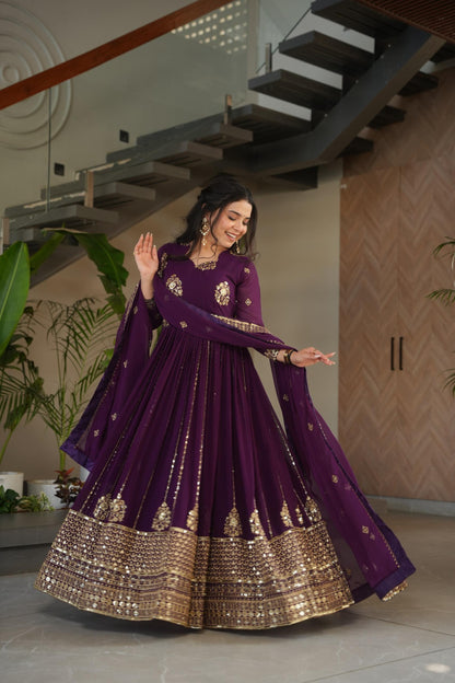 Designer Festive & Wedding Wear Faux Blooming Embroidery, Zari & Sequine Work Gown With Dupatta