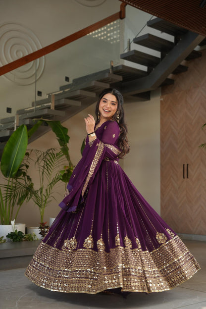 Designer Festive & Wedding Wear Faux Blooming Embroidery, Zari & Sequine Work Gown With Dupatta