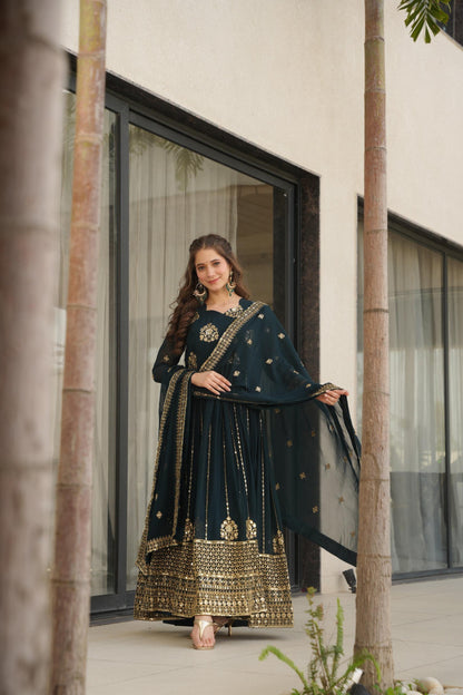 Designer Festive & Wedding Wear Faux Blooming Embroidery, Zari & Sequine Work Gown With Dupatta