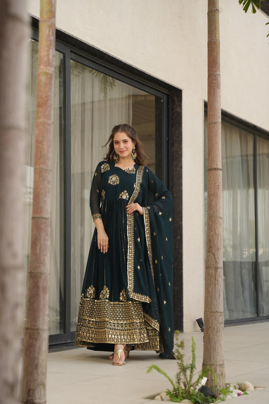 Designer Festive & Wedding Wear Faux Blooming Embroidery, Zari & Sequine Work Gown With Dupatta