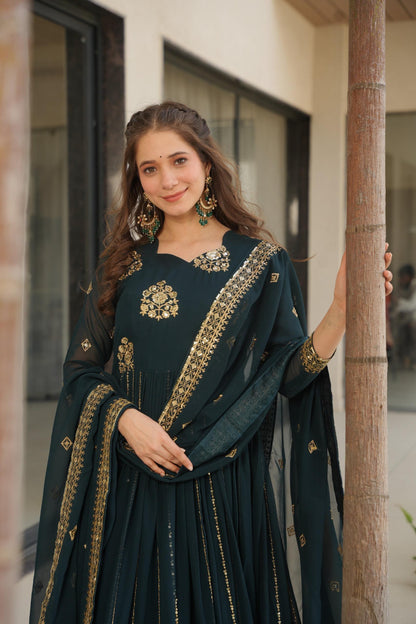 Designer Festive & Wedding Wear Faux Blooming Embroidery, Zari & Sequine Work Gown With Dupatta
