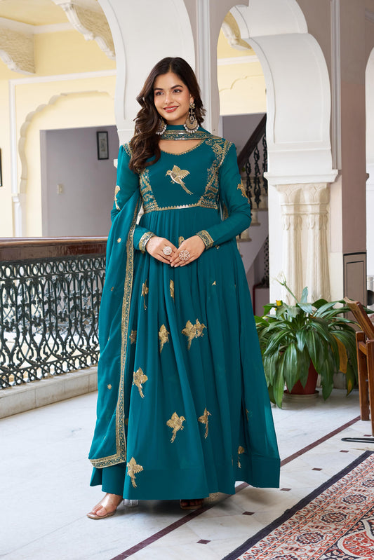 Modern Festive & wedding Wear Faux Georgette Thread & Sequence Work Gown With Dupatta