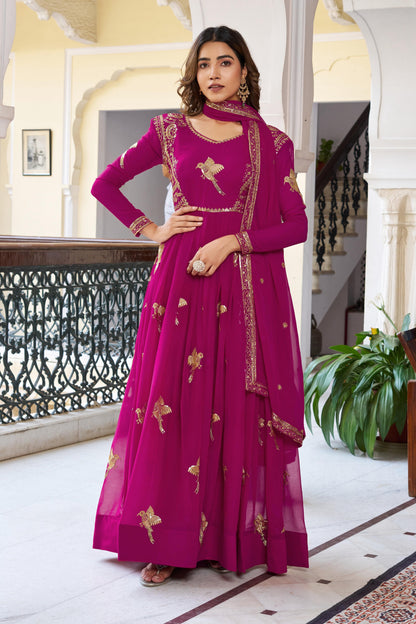 Modern Festive & wedding Wear Faux Georgette Thread & Sequence Work Gown With Dupatta