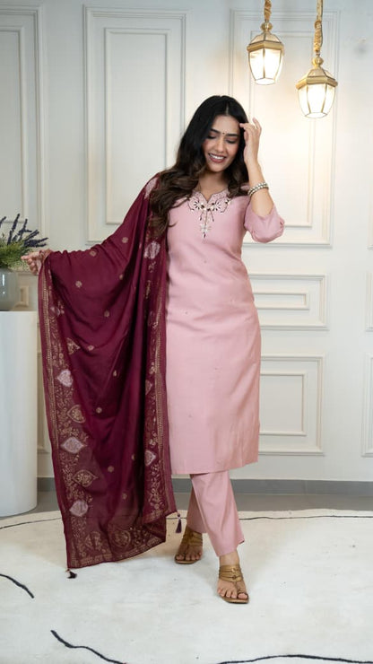 Premium Roman Silk Hand Work Light Pink Kurti Pant With Dupatta Set