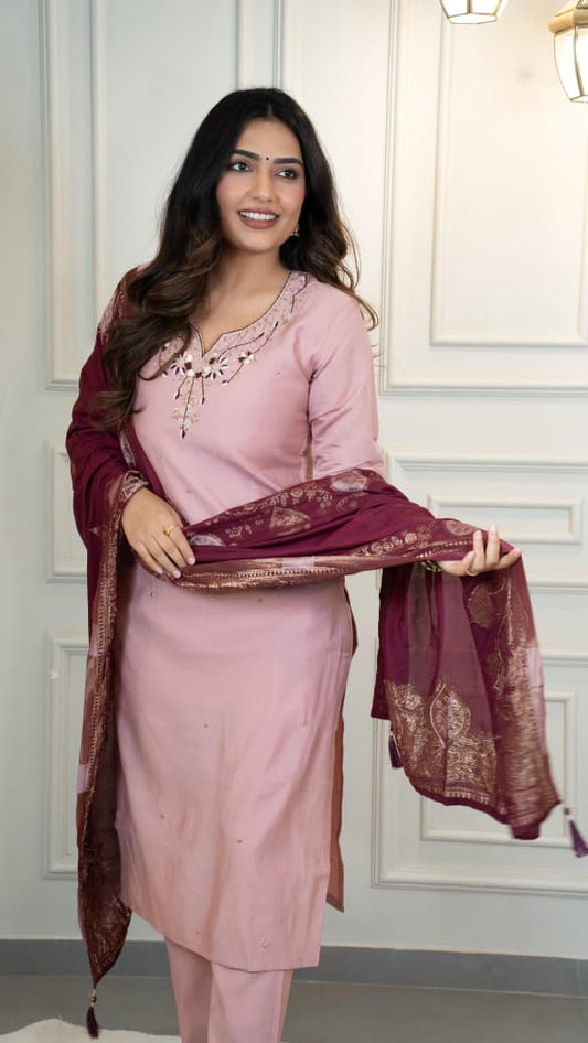 Premium Roman Silk Hand Work Light Pink Kurti Pant With Dupatta Set