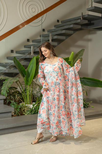Pure Soft Lightweight Organza Floral Print Umbrella Gown Style Suit Set