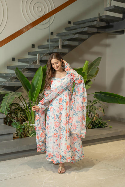 Pure Soft Lightweight Organza Floral Print Umbrella Gown Style Suit Set