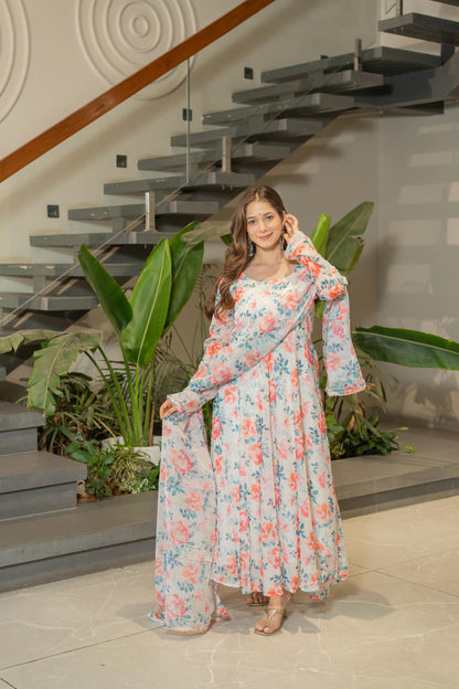 Pure Soft Lightweight Organza Floral Print Umbrella Gown Style Suit Set