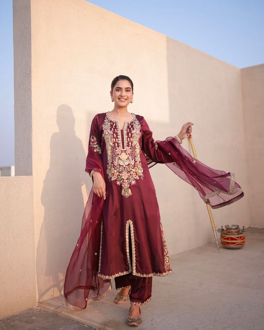 Designer Party & Festival Look Pure Natural Satin Silk Fancy Top & Palazzo With Dupatta