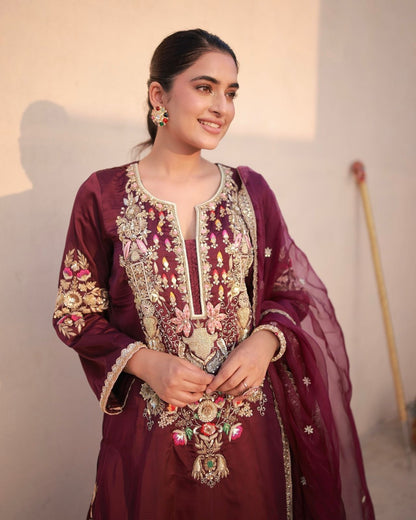 Designer Party & Festival Look Pure Natural Satin Silk Fancy Top & Palazzo With Dupatta