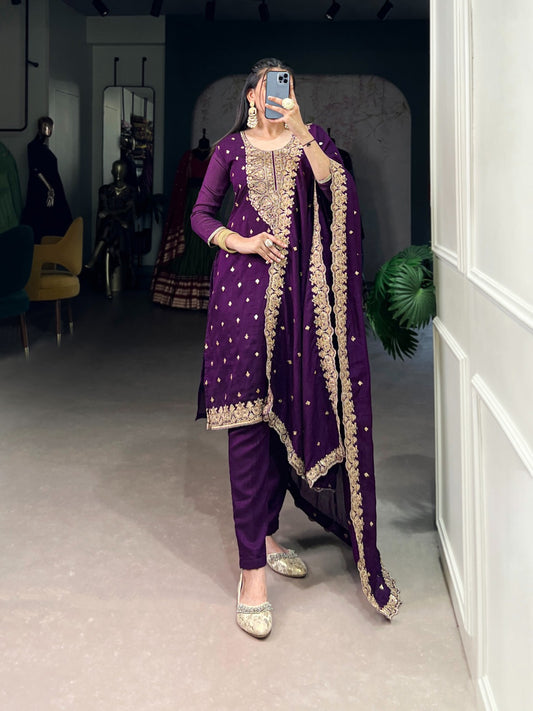 Rich Vichitra Silk Ethnic Dress With Sequins & Thread Embroidery Work