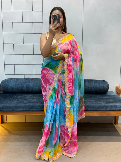Celebrity Style Soft Faux Georgette Print Saree With Coding Sequence Rainbow Lace Work