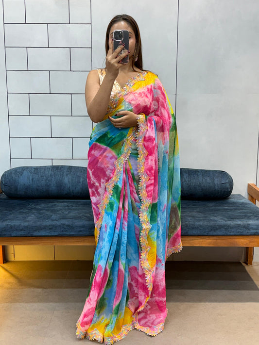 Celebrity Style Soft Faux Georgette Print Saree With Coding Sequence Rainbow Lace Work