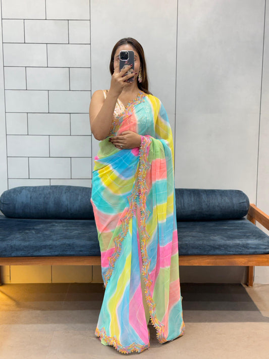Celebrity Style Soft Faux Georgette Print Saree With Coding Sequence Rainbow Lace Work