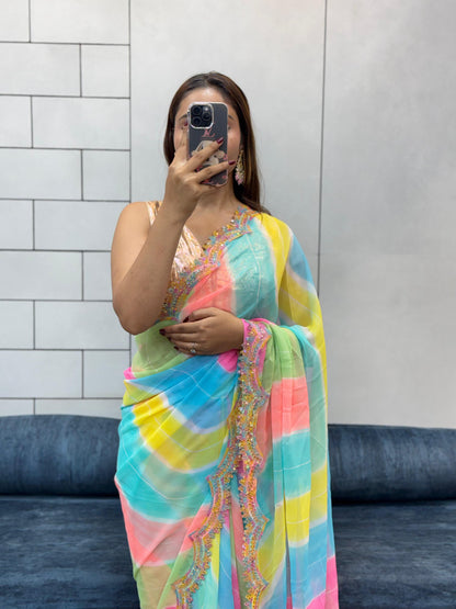 Celebrity Style Soft Faux Georgette Print Saree With Coding Sequence Rainbow Lace Work