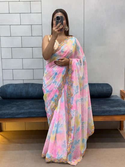 Celebrity Style Soft Faux Georgette Print Saree With Coding Sequence Rainbow Lace Work