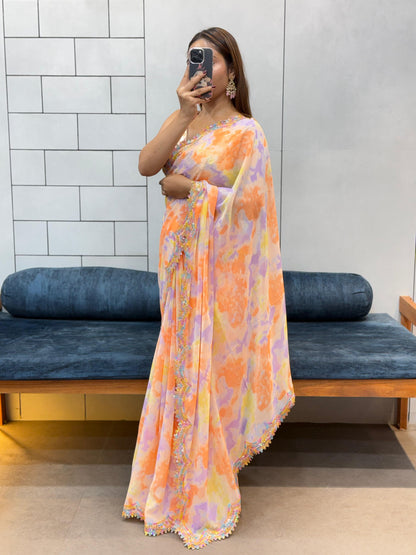 Celebrity Style Soft Faux Georgette Print Saree With Coding Sequence Rainbow Lace Work