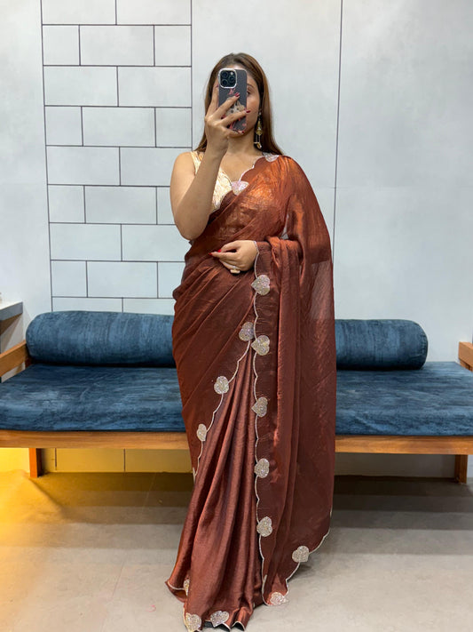 Celebrity Style Soft Space Silk Saree With Heart Diamond Cutwork Lace Border