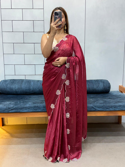 Celebrity Style Soft Space Silk Saree With Heart Diamond Cutwork Lace Border