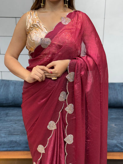 Celebrity Style Soft Space Silk Saree With Heart Diamond Cutwork Lace Border