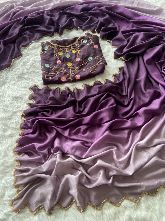 Premium Soft Chinnon Saree With Padding & Rich Handwork