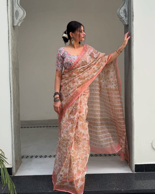 Premium Pure Kota Doria Printed Saree With Blouse