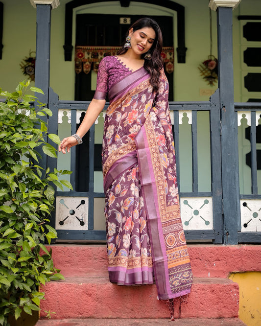 Rich Pure Linen Purple Saree With Bold Floral Motifs & Intricate Borders