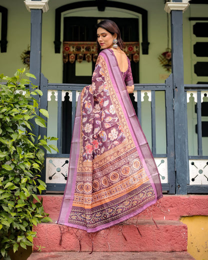 Rich Pure Linen Purple Saree With Bold Floral Motifs & Intricate Borders