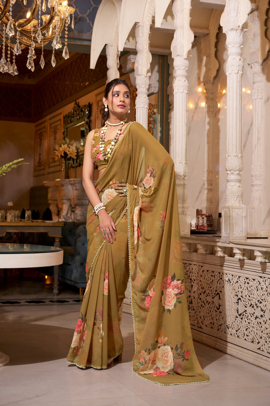 Premium Classy Pure Soft Georgette Saree Printed With Pearl Lace Border