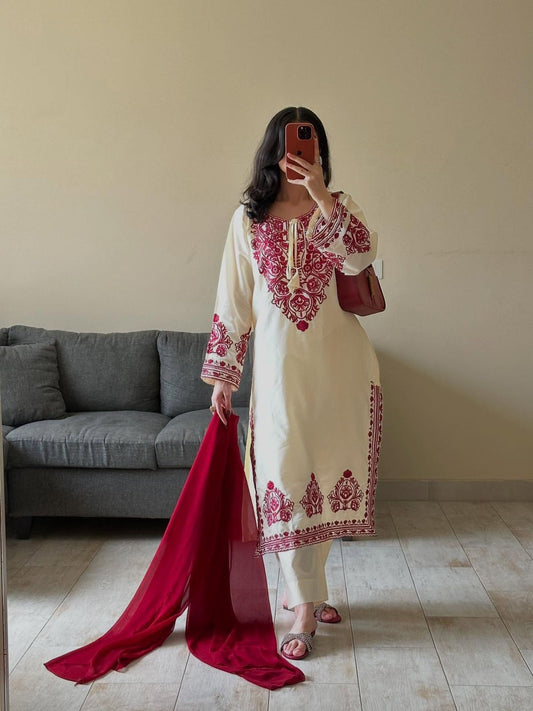 Exclusive Pure Roman Silk Heavy Embroidery Handwork Kurti Pant With Dupatta Set
