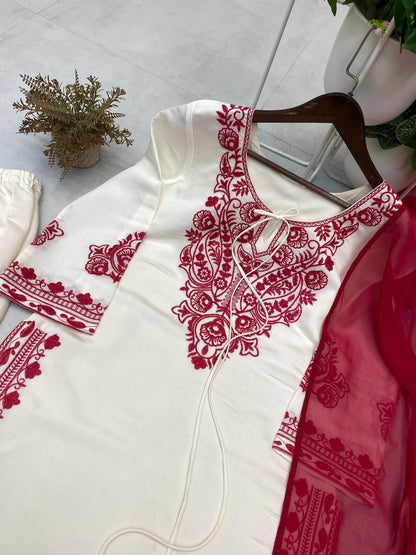 Exclusive Pure Roman Silk Heavy Embroidery Handwork Kurti Pant With Dupatta Set