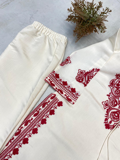 Exclusive Pure Roman Silk Heavy Embroidery Handwork Kurti Pant With Dupatta Set