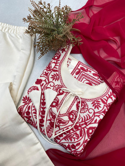 Exclusive Pure Roman Silk Heavy Embroidery Handwork Kurti Pant With Dupatta Set