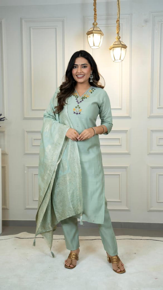 Premium Roman Silk Embroidery Thread Work Pista Kurta Pant With Dupatta Set
