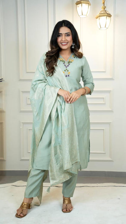 Premium Roman Silk Embroidery Thread Work Pista Kurta Pant With Dupatta Set