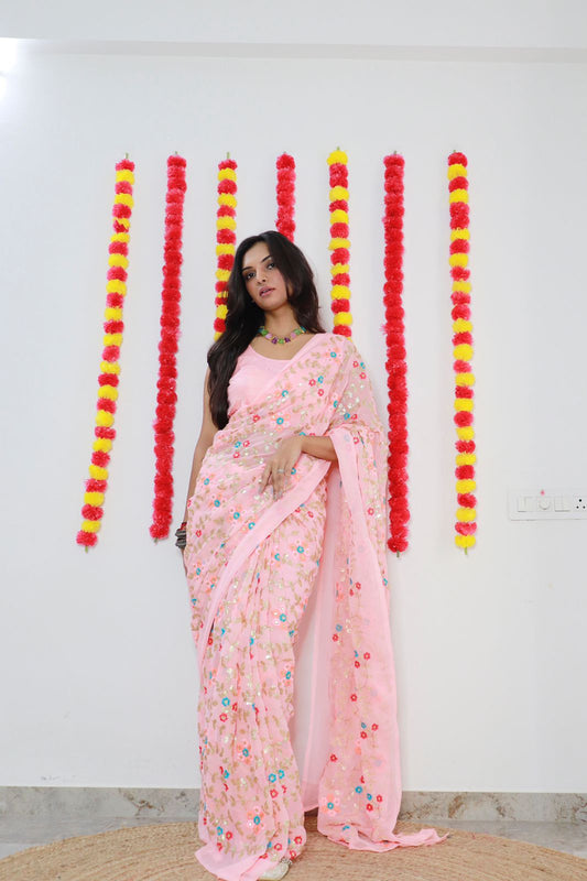 Stunning Premium Faux Georgette Saree With Sequins & Thread Embroidery Work