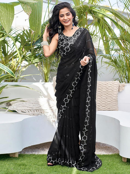 Pure Heavy Georgette Saree With Embroidery Sequins Work & Fancy Lace Border