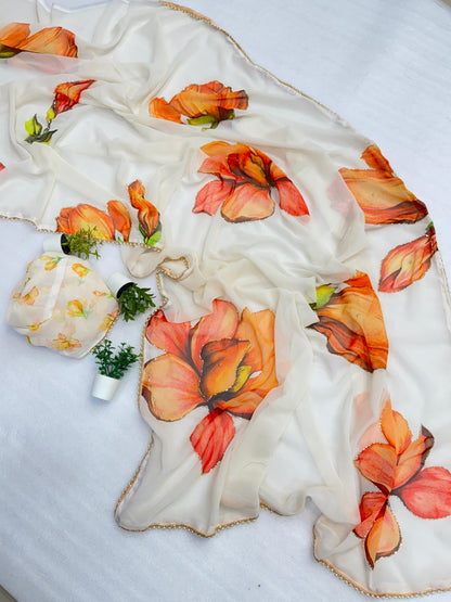 Premium Soft & Smooth Chiffon Floral Print Saree With Handwork & Moti Lace Border