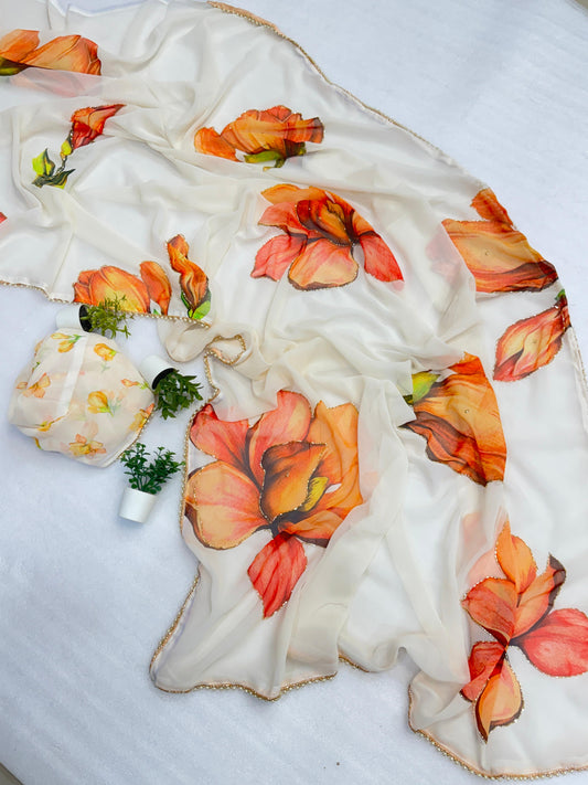 Premium Soft & Smooth Chiffon Floral Print Saree With Handwork & Moti Lace Border