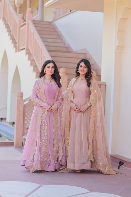 Designer Wedding & Festive Wear Fendy Chiffon Gown with Sequins-Multi Thread Embroidered Work & Dupatta
