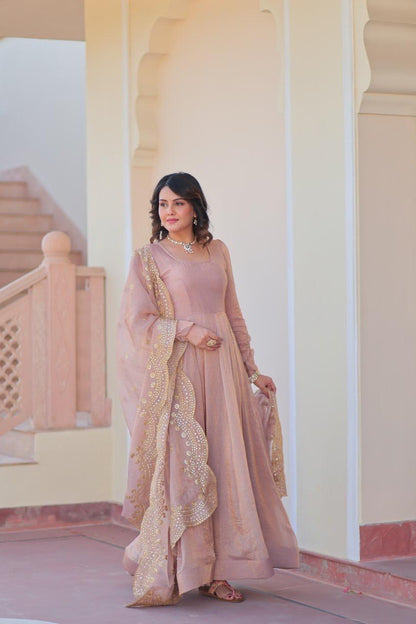 Designer Wedding & Festive Wear Fendy Chiffon Gown with Sequins-Multi Thread Embroidered Work & Dupatta