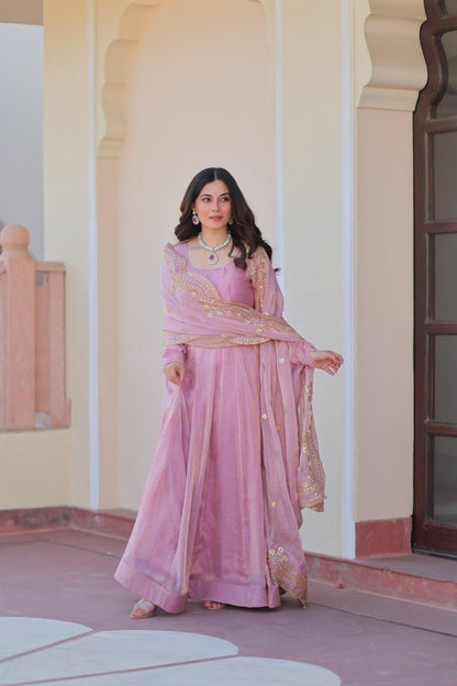 Designer Wedding & Festive Wear Fendy Chiffon Gown with Sequins-Multi Thread Embroidered Work & Dupatta
