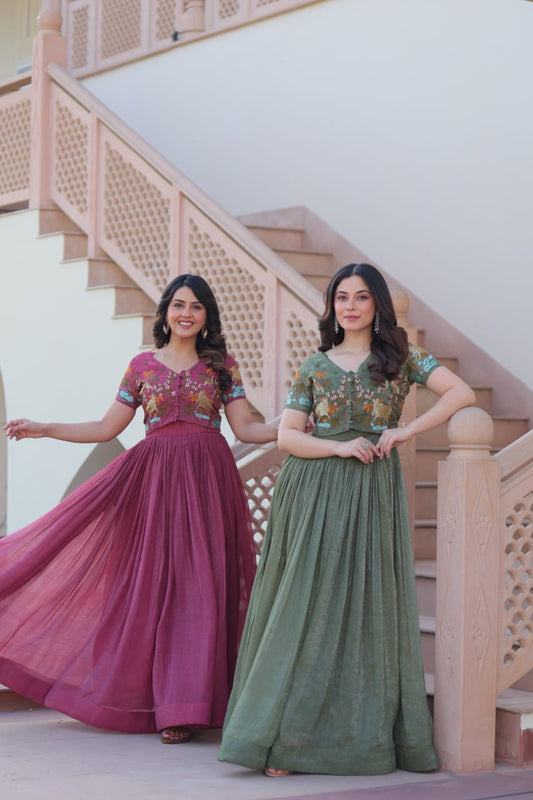 Designer Wedding & Festive Wear Silver Crunchy Embroidery Work Gown With Koti