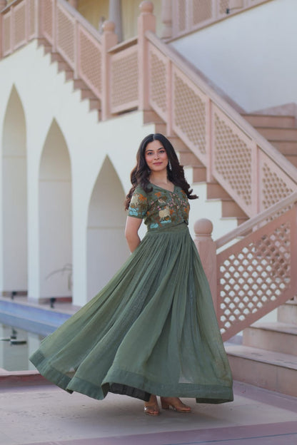 Designer Wedding & Festive Wear Silver Crunchy Embroidery Work Gown With Koti