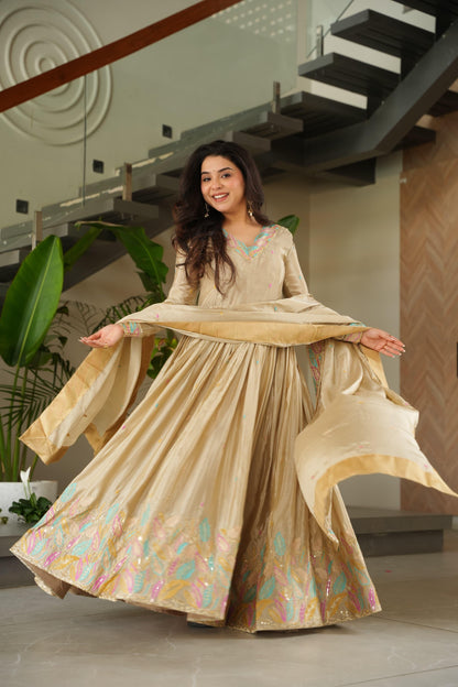 Designer Rich Chinnon Sequins & Multi Thread Embroidered Work Gown With Dupatta Set