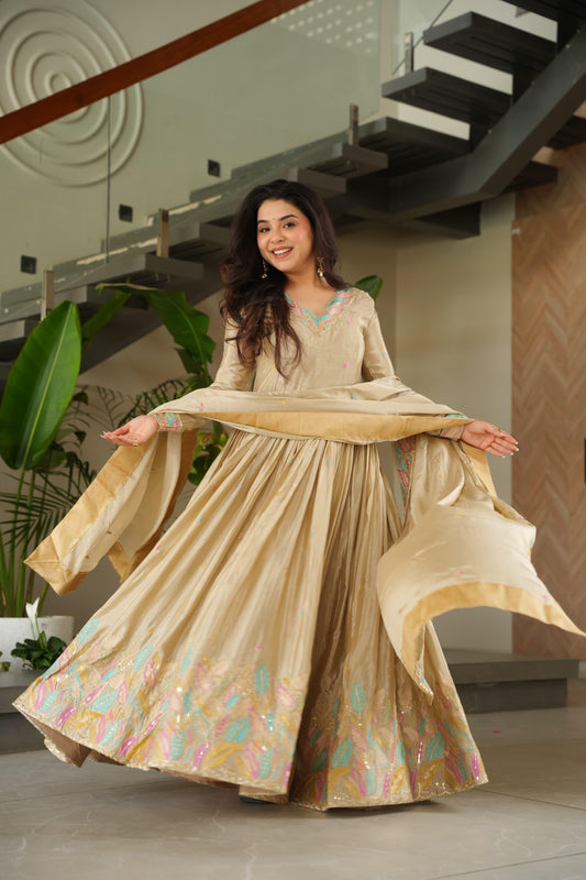 Designer Rich Chinnon Sequins & Multi Thread Embroidered Work Gown With Dupatta Set