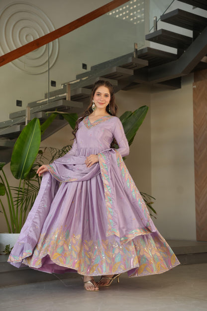 Designer Rich Chinnon Sequins & Multi Thread Embroidered Work Gown With Dupatta Set