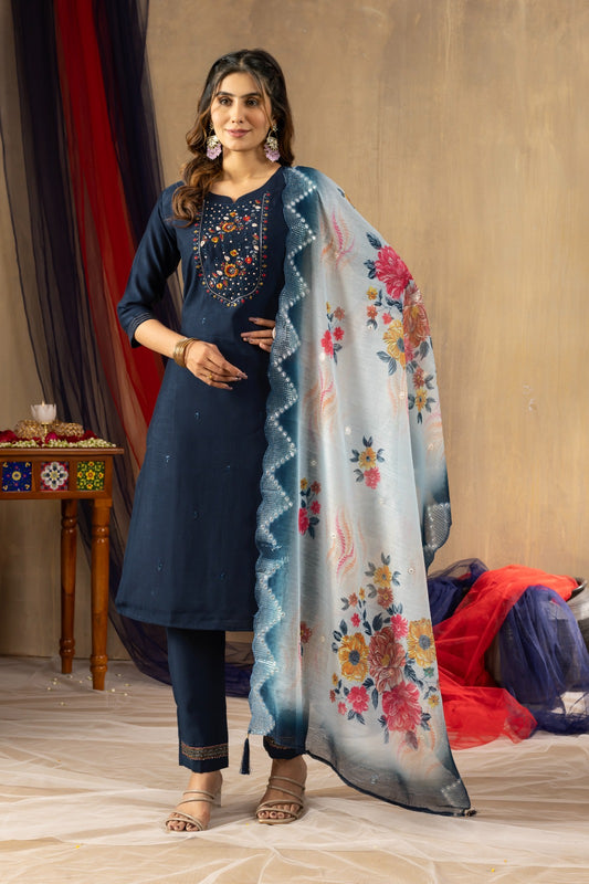 Pure Viscose Mango Silk Embroidery Handwork Kurti Pant With Dupatta Set