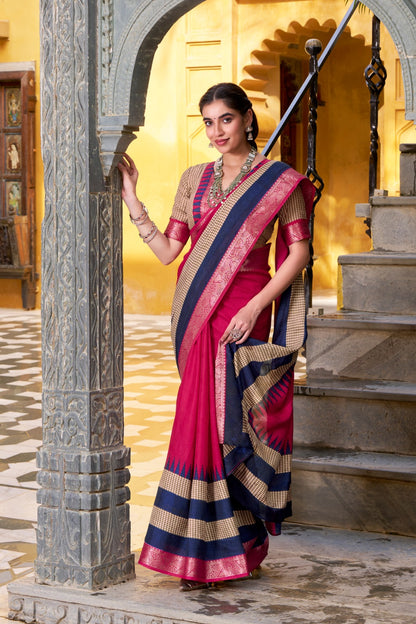 Pure Soft Poly Cotton Saree Printed With Zari Weaving Work With Blouse